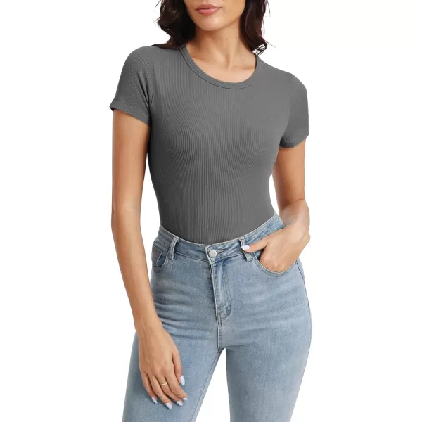 Urban CoCo Womens Crewneck Short Sleeve Slim Fit TShirt Summer Casual Ribbed Basic Tee TopsDeep Grey