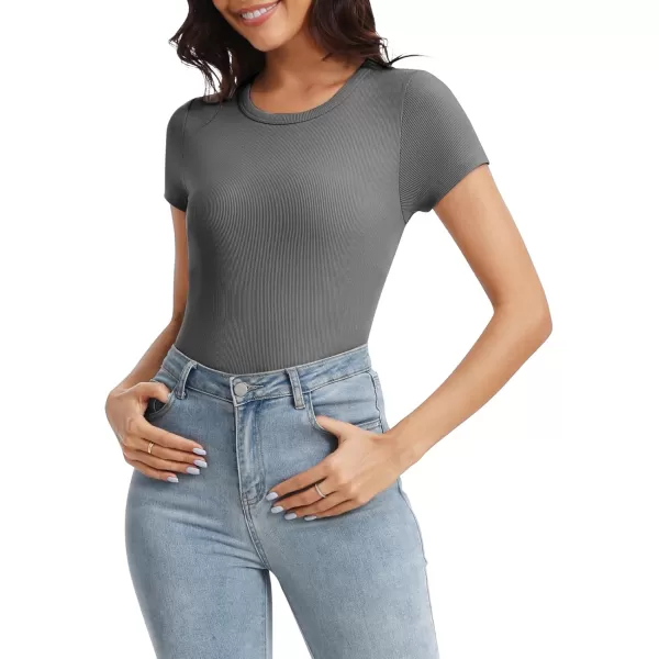 Urban CoCo Womens Crewneck Short Sleeve Slim Fit TShirt Summer Casual Ribbed Basic Tee TopsDeep Grey