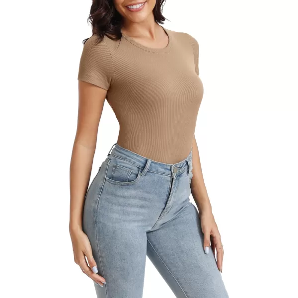 Urban CoCo Womens Crewneck Short Sleeve Slim Fit TShirt Summer Casual Ribbed Basic Tee TopsKhaki