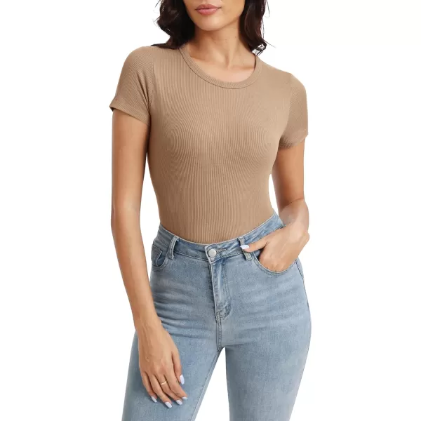 Urban CoCo Womens Crewneck Short Sleeve Slim Fit TShirt Summer Casual Ribbed Basic Tee TopsKhaki