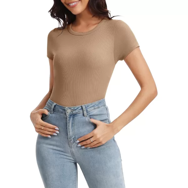 Urban CoCo Womens Crewneck Short Sleeve Slim Fit TShirt Summer Casual Ribbed Basic Tee TopsKhaki