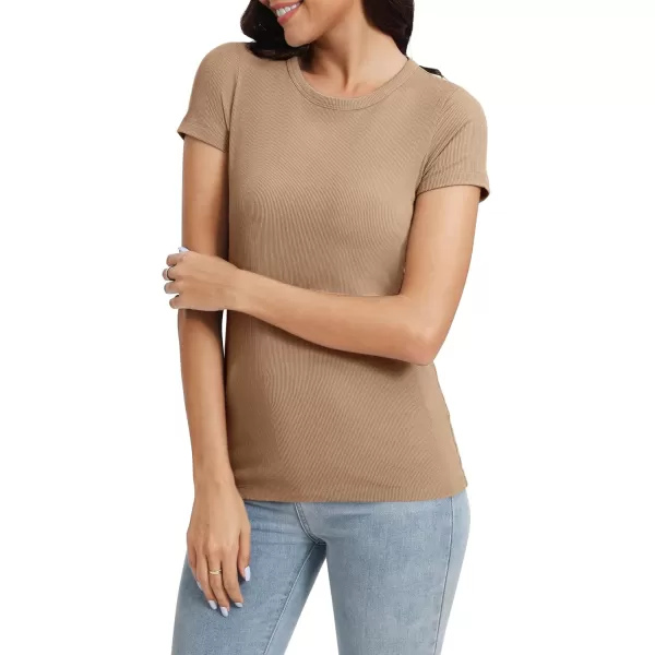 Urban CoCo Womens Crewneck Short Sleeve Slim Fit TShirt Summer Casual Ribbed Basic Tee TopsKhaki