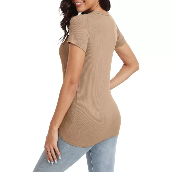 Urban CoCo Womens Crewneck Short Sleeve Slim Fit TShirt Summer Casual Ribbed Basic Tee TopsKhaki