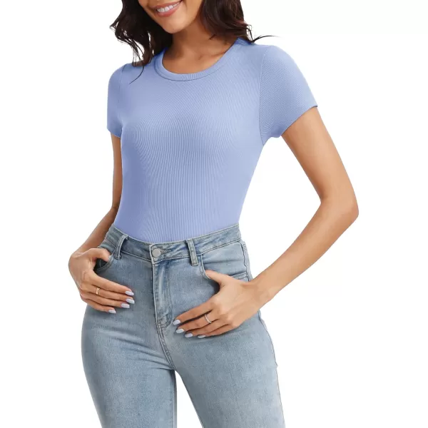 Urban CoCo Womens Crewneck Short Sleeve Slim Fit TShirt Summer Casual Ribbed Basic Tee TopsLight Blue