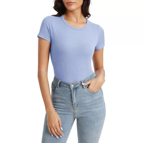 Urban CoCo Womens Crewneck Short Sleeve Slim Fit TShirt Summer Casual Ribbed Basic Tee TopsLight Blue