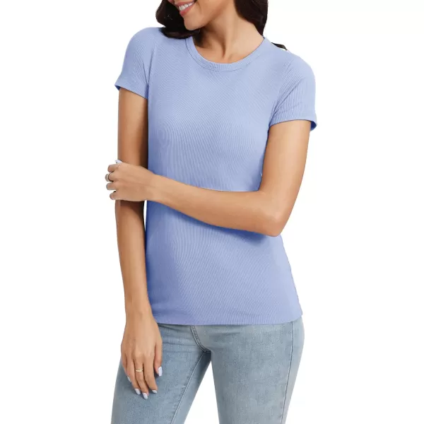 Urban CoCo Womens Crewneck Short Sleeve Slim Fit TShirt Summer Casual Ribbed Basic Tee TopsLight Blue
