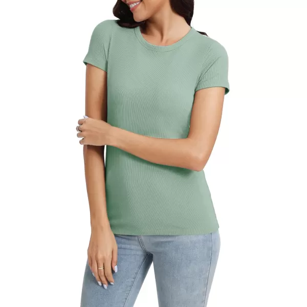 Urban CoCo Womens Crewneck Short Sleeve Slim Fit TShirt Summer Casual Ribbed Basic Tee TopsLight Green