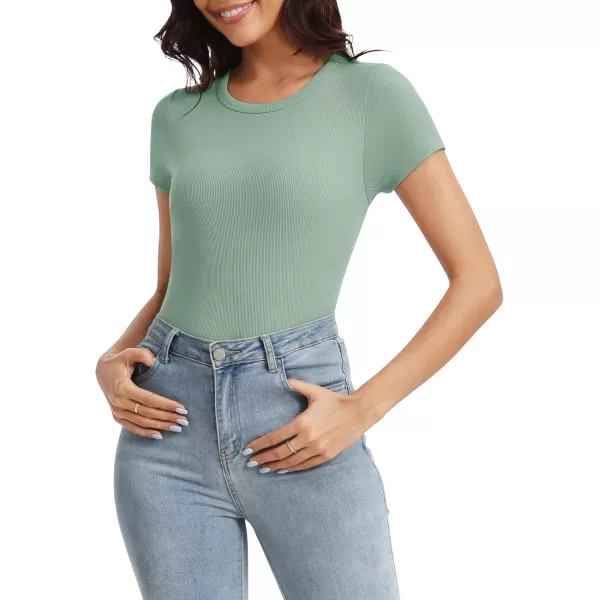 Urban CoCo Womens Crewneck Short Sleeve Slim Fit TShirt Summer Casual Ribbed Basic Tee TopsLight Green