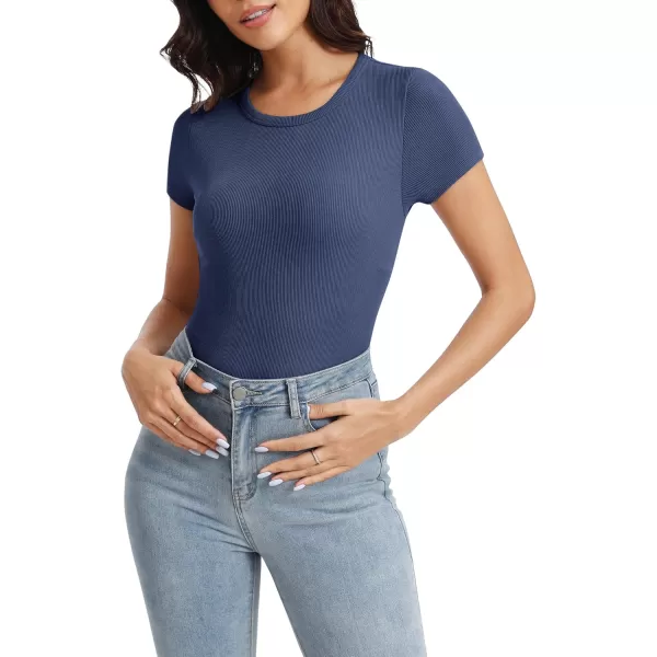 Urban CoCo Womens Crewneck Short Sleeve Slim Fit TShirt Summer Casual Ribbed Basic Tee TopsNavy Blue