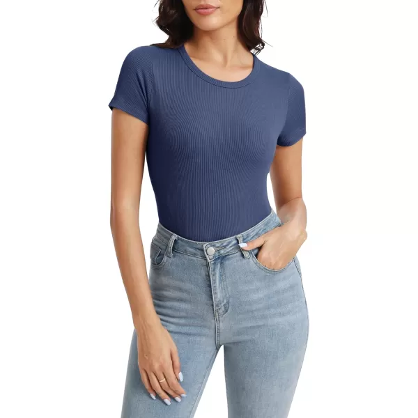 Urban CoCo Womens Crewneck Short Sleeve Slim Fit TShirt Summer Casual Ribbed Basic Tee TopsNavy Blue