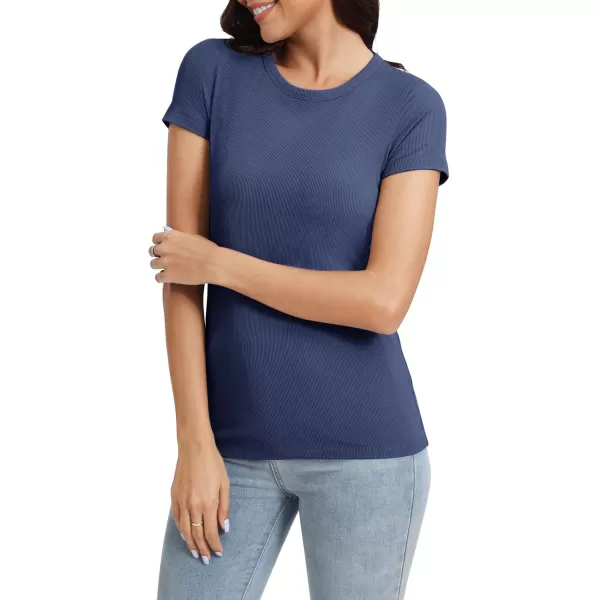 Urban CoCo Womens Crewneck Short Sleeve Slim Fit TShirt Summer Casual Ribbed Basic Tee TopsNavy Blue