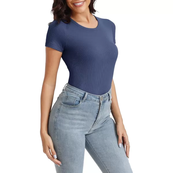 Urban CoCo Womens Crewneck Short Sleeve Slim Fit TShirt Summer Casual Ribbed Basic Tee TopsNavy Blue