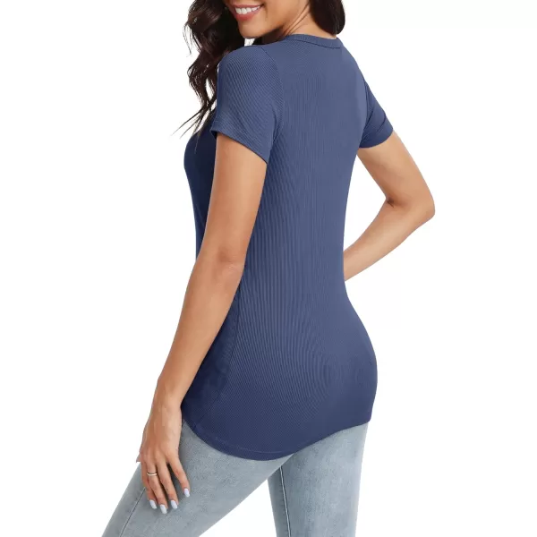 Urban CoCo Womens Crewneck Short Sleeve Slim Fit TShirt Summer Casual Ribbed Basic Tee TopsNavy Blue