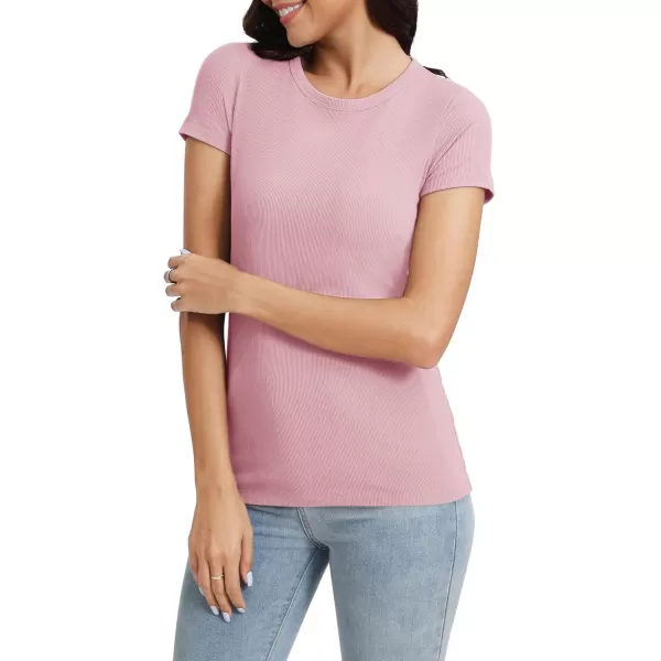 Urban CoCo Womens Crewneck Short Sleeve Slim Fit TShirt Summer Casual Ribbed Basic Tee TopsPink