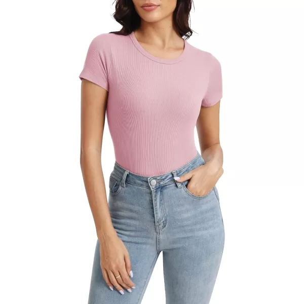 Urban CoCo Womens Crewneck Short Sleeve Slim Fit TShirt Summer Casual Ribbed Basic Tee TopsPink