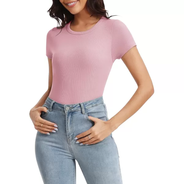Urban CoCo Womens Crewneck Short Sleeve Slim Fit TShirt Summer Casual Ribbed Basic Tee TopsPink