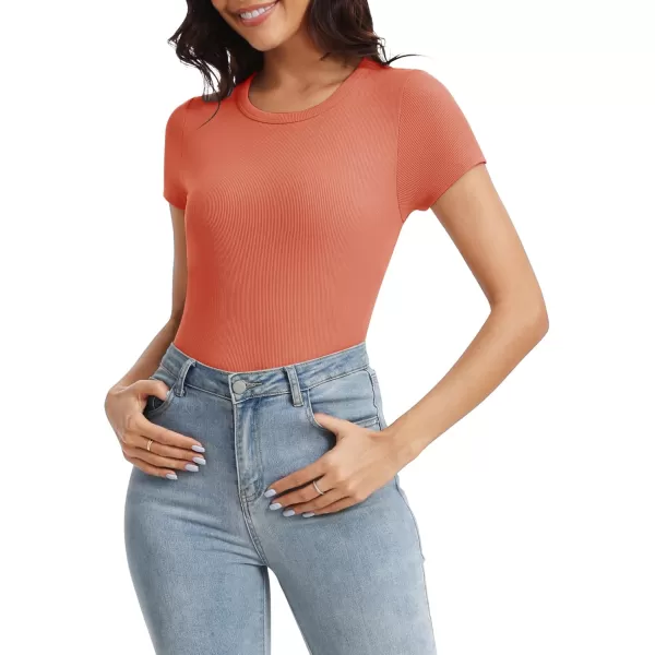 Urban CoCo Womens Crewneck Short Sleeve Slim Fit TShirt Summer Casual Ribbed Basic Tee TopsRust