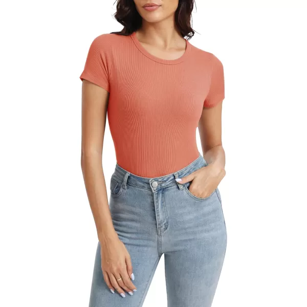 Urban CoCo Womens Crewneck Short Sleeve Slim Fit TShirt Summer Casual Ribbed Basic Tee TopsRust