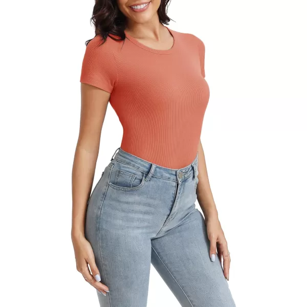 Urban CoCo Womens Crewneck Short Sleeve Slim Fit TShirt Summer Casual Ribbed Basic Tee TopsRust