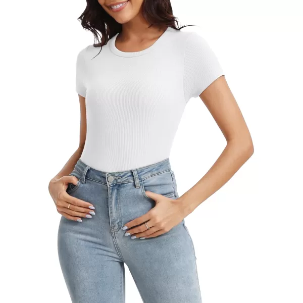 Urban CoCo Womens Crewneck Short Sleeve Slim Fit TShirt Summer Casual Ribbed Basic Tee TopsWhite