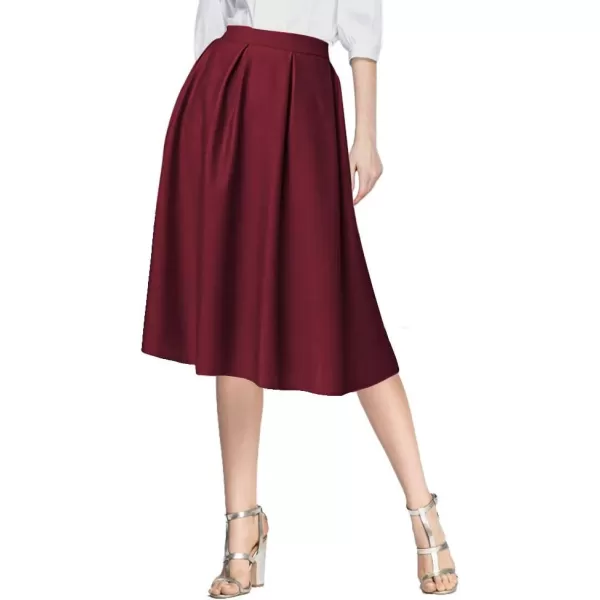 Urban CoCo Womens Modest Knee Length Casual Work Solid Pocket Elastic Midi Skirt with PocketWine Red