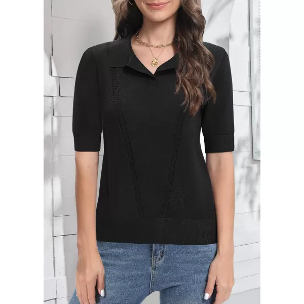 Urban CoCo Womens Short Sleeve Polo V Neck Sweater Knit Tops Casual Ribbed Shirt Loose Pullover SweaterBlack