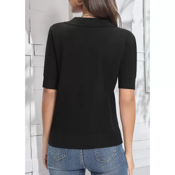 Urban CoCo Womens Short Sleeve Polo V Neck Sweater Knit Tops Casual Ribbed Shirt Loose Pullover SweaterBlack