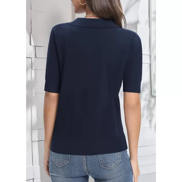 Urban CoCo Womens Short Sleeve Polo V Neck Sweater Knit Tops Casual Ribbed Shirt Loose Pullover SweaterNavy Blue
