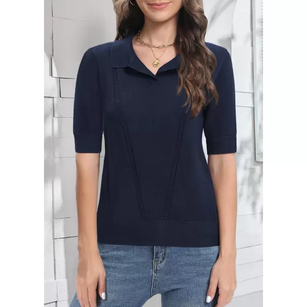 Urban CoCo Womens Short Sleeve Polo V Neck Sweater Knit Tops Casual Ribbed Shirt Loose Pullover SweaterNavy Blue