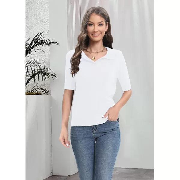 Urban CoCo Womens Short Sleeve Polo V Neck Sweater Knit Tops Casual Ribbed Shirt Loose Pullover SweaterWhite