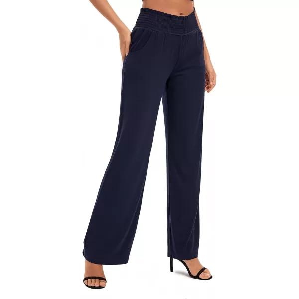 Urban CoCo Womens Solid Wide Leg Palazzo Lounge Pants Casual Straight Leg High Waist Stretch PantsNavy Blue