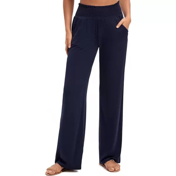 Urban CoCo Womens Solid Wide Leg Palazzo Lounge Pants Casual Straight Leg High Waist Stretch PantsNavy Blue