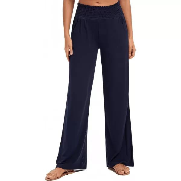 Urban CoCo Womens Solid Wide Leg Palazzo Lounge Pants Casual Straight Leg High Waist Stretch PantsNavy Blue
