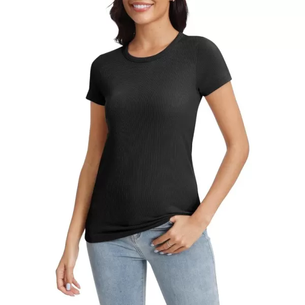 Urban CoCo Womens Crewneck Short Sleeve Slim Fit TShirt Summer Casual Ribbed Basic Tee TopsBlack