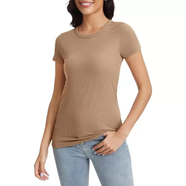 Urban CoCo Womens Crewneck Short Sleeve Slim Fit TShirt Summer Casual Ribbed Basic Tee TopsKhaki