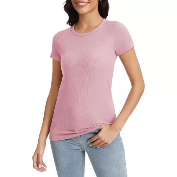 Urban CoCo Womens Crewneck Short Sleeve Slim Fit TShirt Summer Casual Ribbed Basic Tee TopsPink