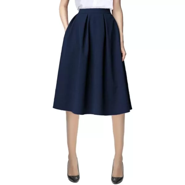 Urban CoCo Womens Modest Knee Length Casual Work Solid Pocket Elastic Midi Skirt with PocketNavy Blue