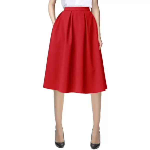 Urban CoCo Womens Modest Knee Length Casual Work Solid Pocket Elastic Midi Skirt with PocketRed