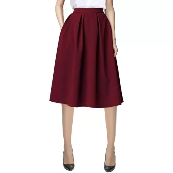 Urban CoCo Womens Modest Knee Length Casual Work Solid Pocket Elastic Midi Skirt with PocketWine Red