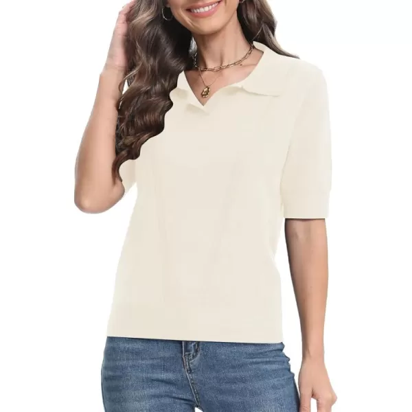Urban CoCo Womens Short Sleeve Polo V Neck Sweater Knit Tops Casual Ribbed Shirt Loose Pullover SweaterApricot