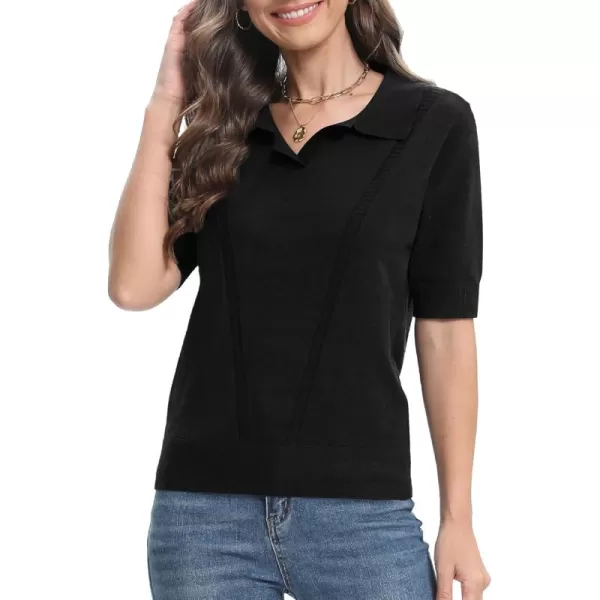 Urban CoCo Womens Short Sleeve Polo V Neck Sweater Knit Tops Casual Ribbed Shirt Loose Pullover SweaterNavy Blue