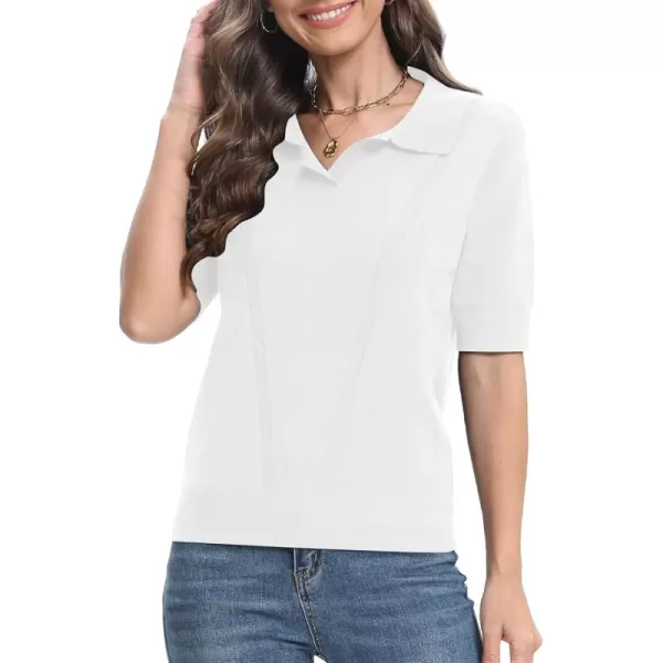 Urban CoCo Womens Short Sleeve Polo V Neck Sweater Knit Tops Casual Ribbed Shirt Loose Pullover SweaterWhite
