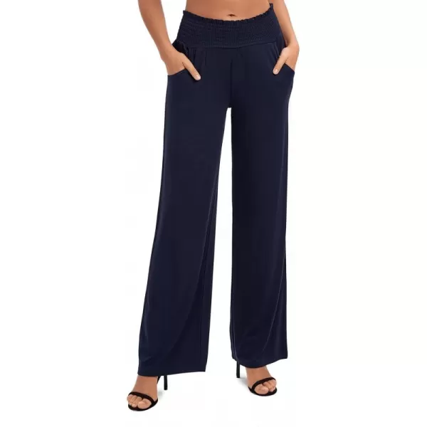 Urban CoCo Womens Solid Wide Leg Palazzo Lounge Pants Casual Straight Leg High Waist Stretch PantsNavy Blue