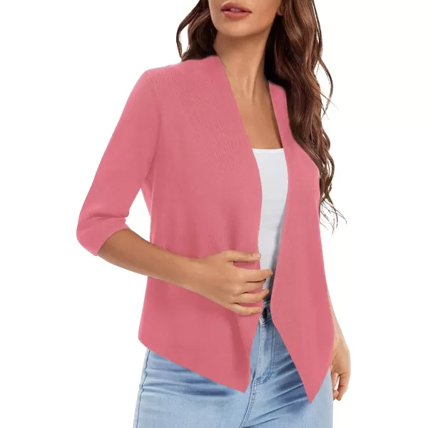 Urban CoCo Womens 34 Sleeve Cropped Open Front Cardigan Knit Lightweight V Neck Knit Bolero Shrugs with PocketsCoral