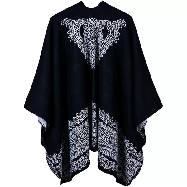 imageWomens Vintage Pattern Open Front Poncho Cape Shawl Winter Shawl WrapsSeries 1black