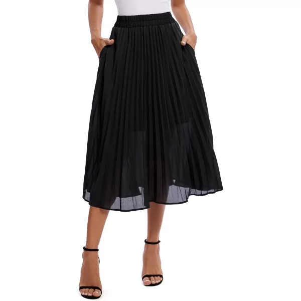 imageUrban CoCo Womens Elastic High Wasit Pleated Skirt Woven Casual Midi Swing SkirtBlack