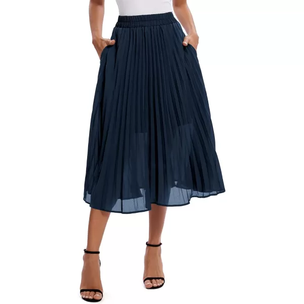 imageUrban CoCo Womens Elastic High Wasit Pleated Skirt Woven Casual Midi Swing SkirtNavy Blue