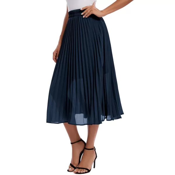 imageUrban CoCo Womens Elastic High Wasit Pleated Skirt Woven Casual Midi Swing SkirtNavy Blue