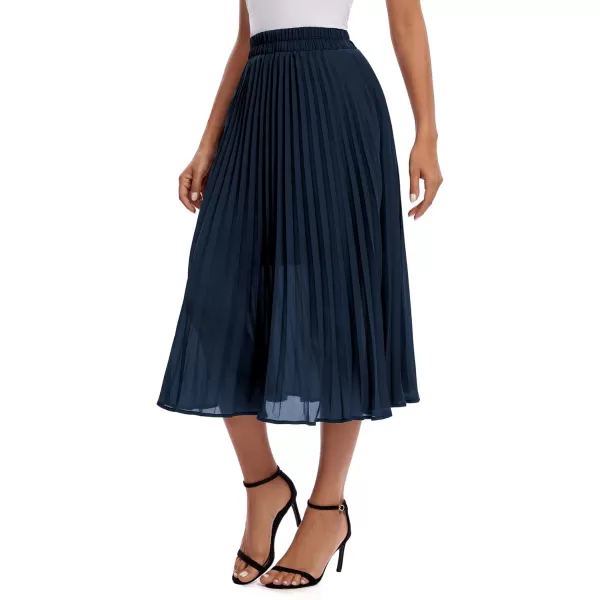imageUrban CoCo Womens Elastic High Wasit Pleated Skirt Woven Casual Midi Swing SkirtNavy Blue
