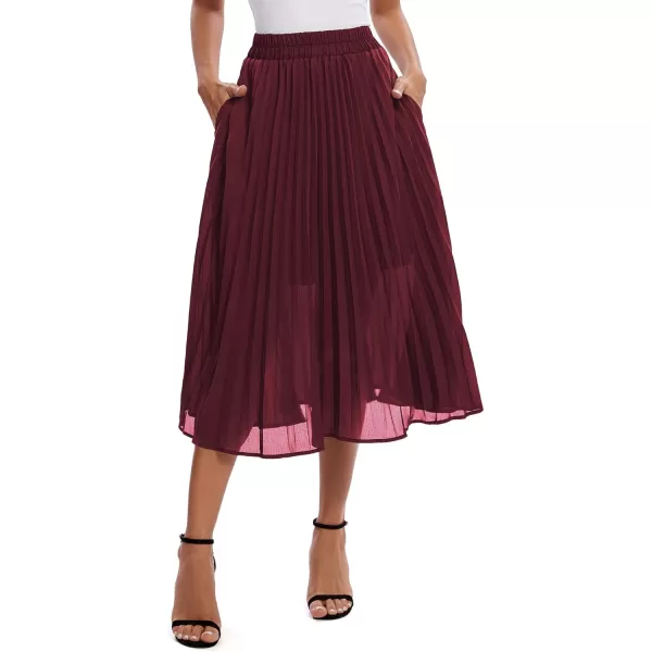 imageUrban CoCo Womens Elastic High Wasit Pleated Skirt Woven Casual Midi Swing SkirtWine Red